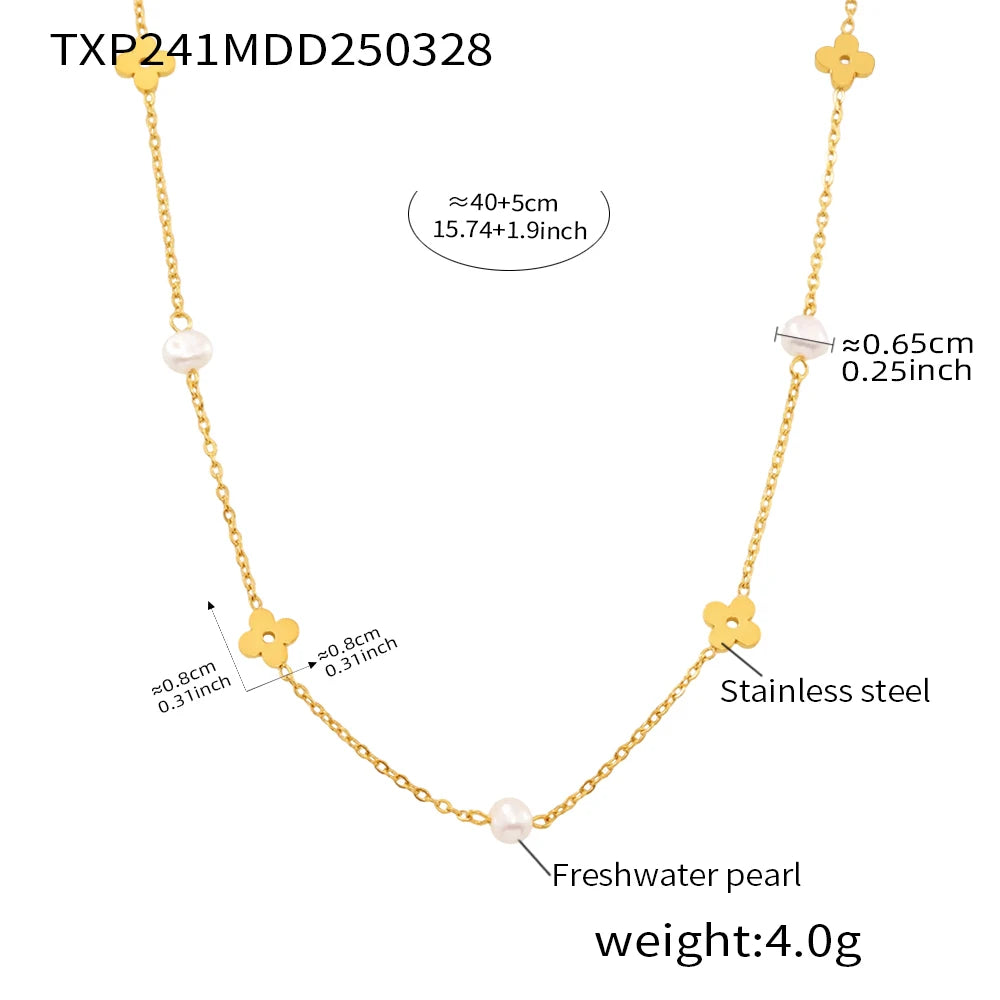 Sweet Flower Necklace Bracelet In Stainless Steel With Freshwater Pearl Neck Chains Choker Necklaces Bracelets Set For Women