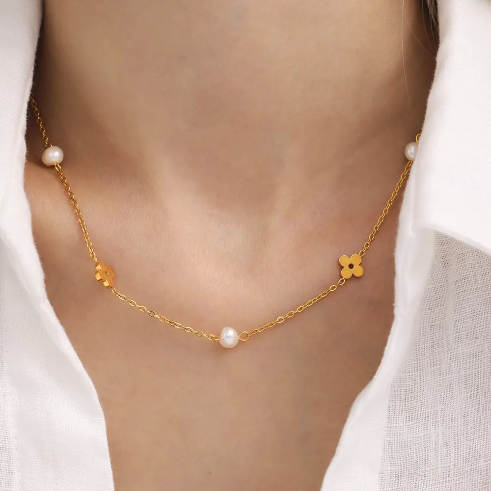 Sweet Flower Necklace Bracelet In Stainless Steel With Freshwater Pearl Neck Chains Choker Necklaces Bracelets Set For Women