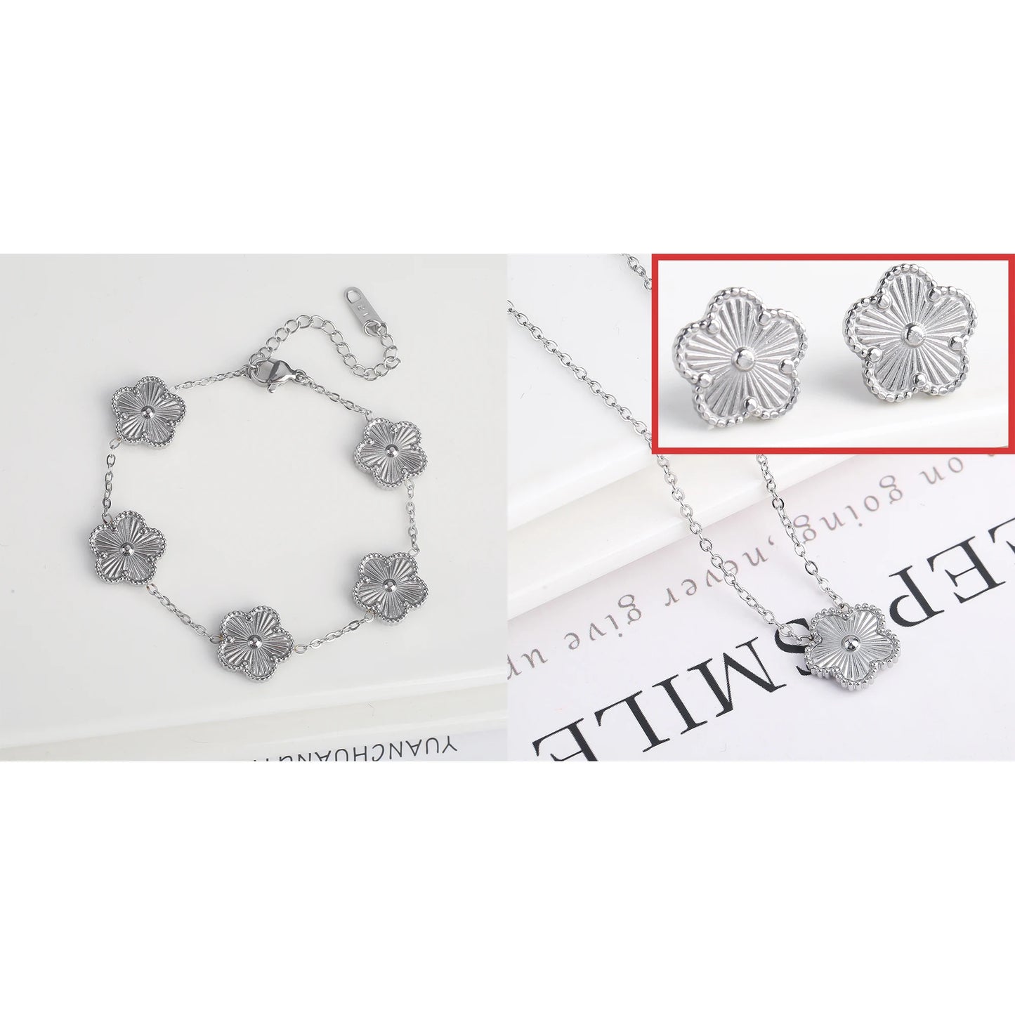 Metal Laser Five Leaf Flower Bracelet Necklace Earrings Jewelry Set Classic For Woman Stainless Steel Jewelry Daily Wear Clover