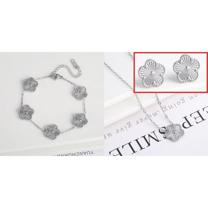Metal Laser Five Leaf Flower Bracelet Necklace Earrings Jewelry Set Classic For Woman Stainless Steel Jewelry Daily Wear Clover