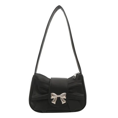 Sweet Bow Small Underarm Bag for Women Fashion PU Leather Ladies Portable Shoulder Bags Solid Color Female Clutch Handbags