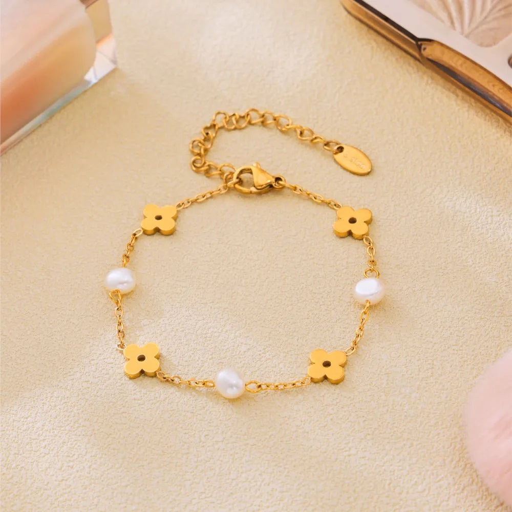 Sweet Flower Necklace Bracelet In Stainless Steel With Freshwater Pearl Neck Chains Choker Necklaces Bracelets Set For Women