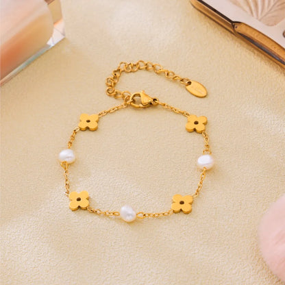 Sweet Flower Necklace Bracelet In Stainless Steel With Freshwater Pearl Neck Chains Choker Necklaces Bracelets Set For Women