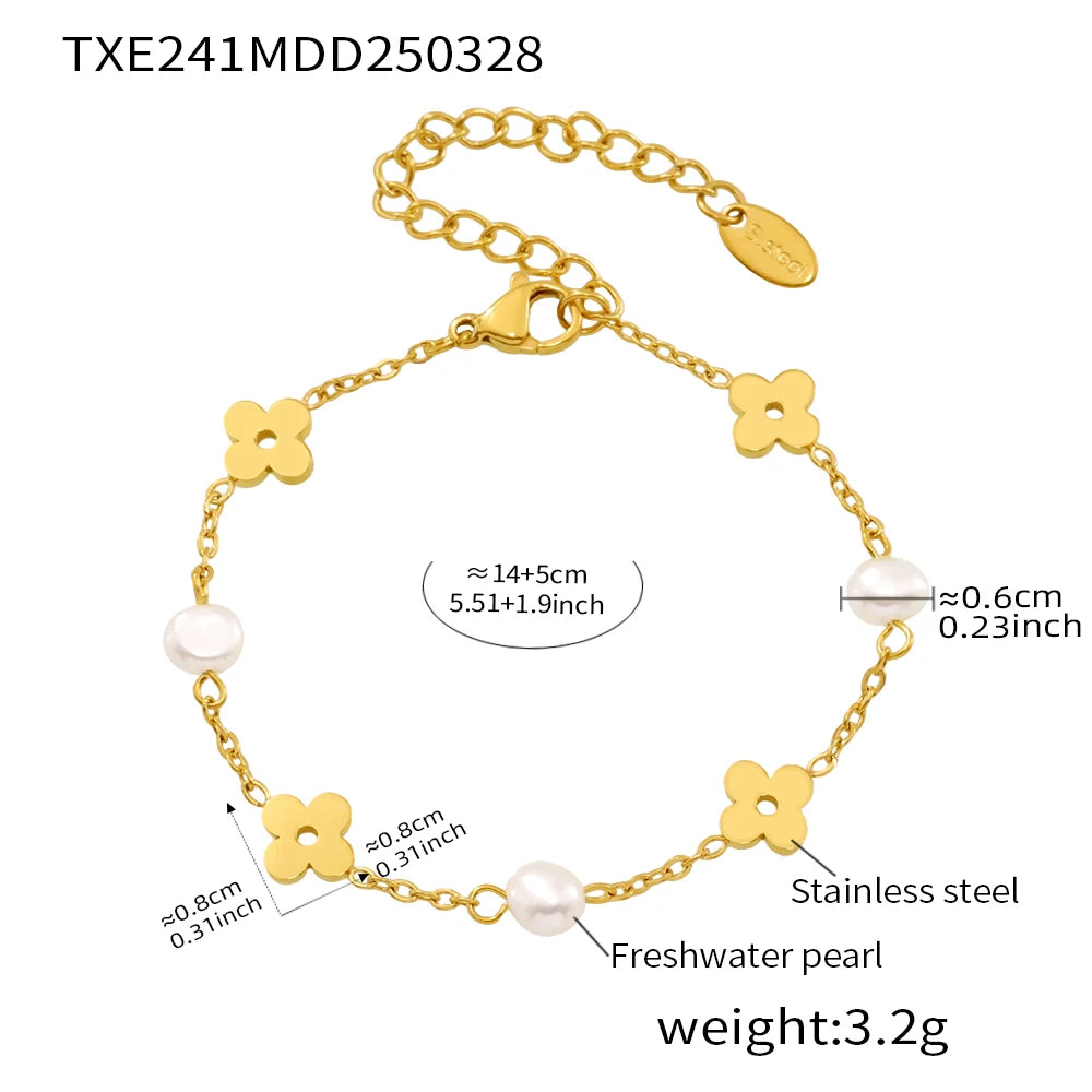 Sweet Flower Necklace Bracelet In Stainless Steel With Freshwater Pearl Neck Chains Choker Necklaces Bracelets Set For Women