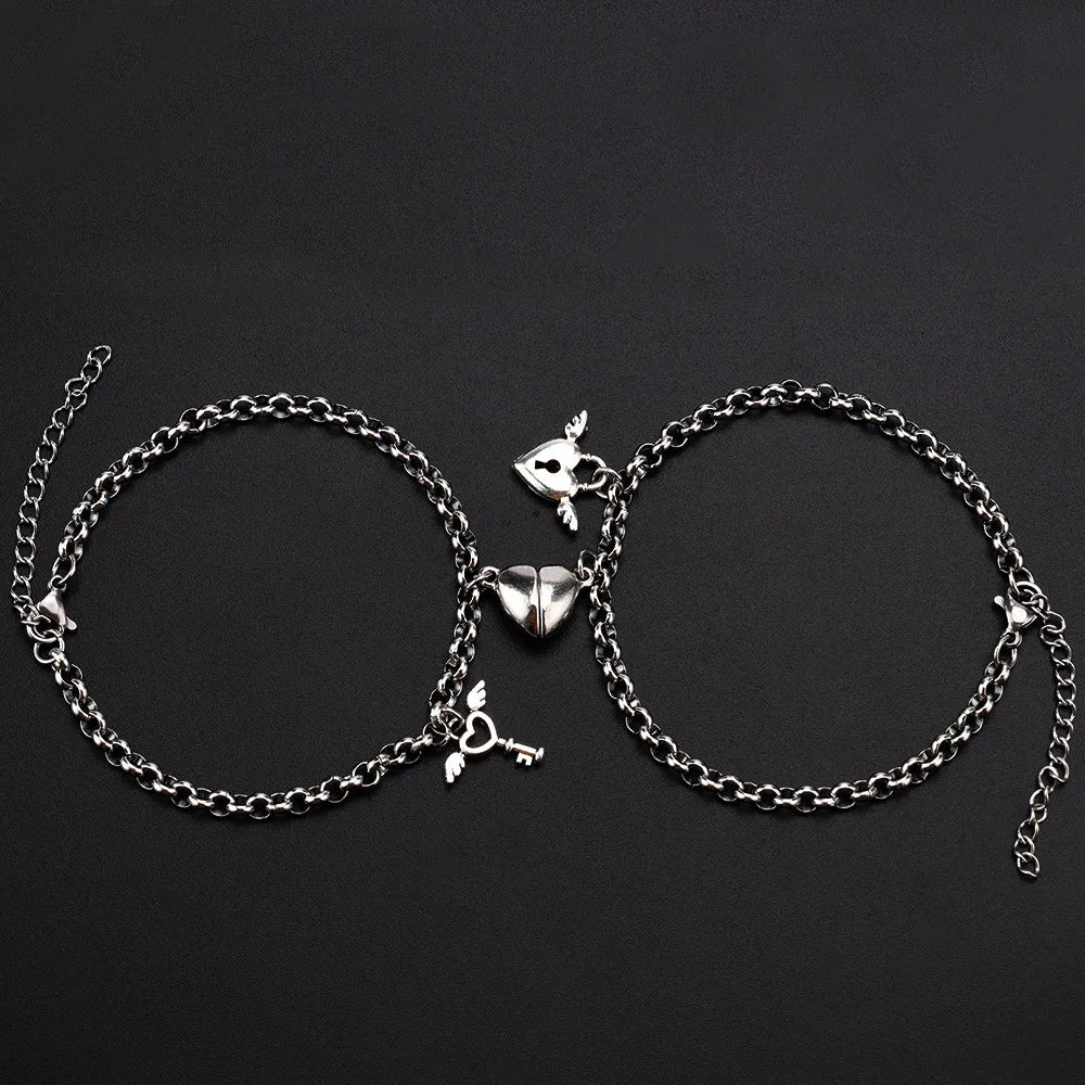 JWER Stainless Steel Fashion Romantic Heartbeat Magnetic Bracelet for Couples Personality Magnetic Love Chain Bracelet Jewelry