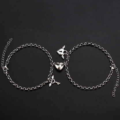 JWER Stainless Steel Fashion Romantic Heartbeat Magnetic Bracelet for Couples Personality Magnetic Love Chain Bracelet Jewelry