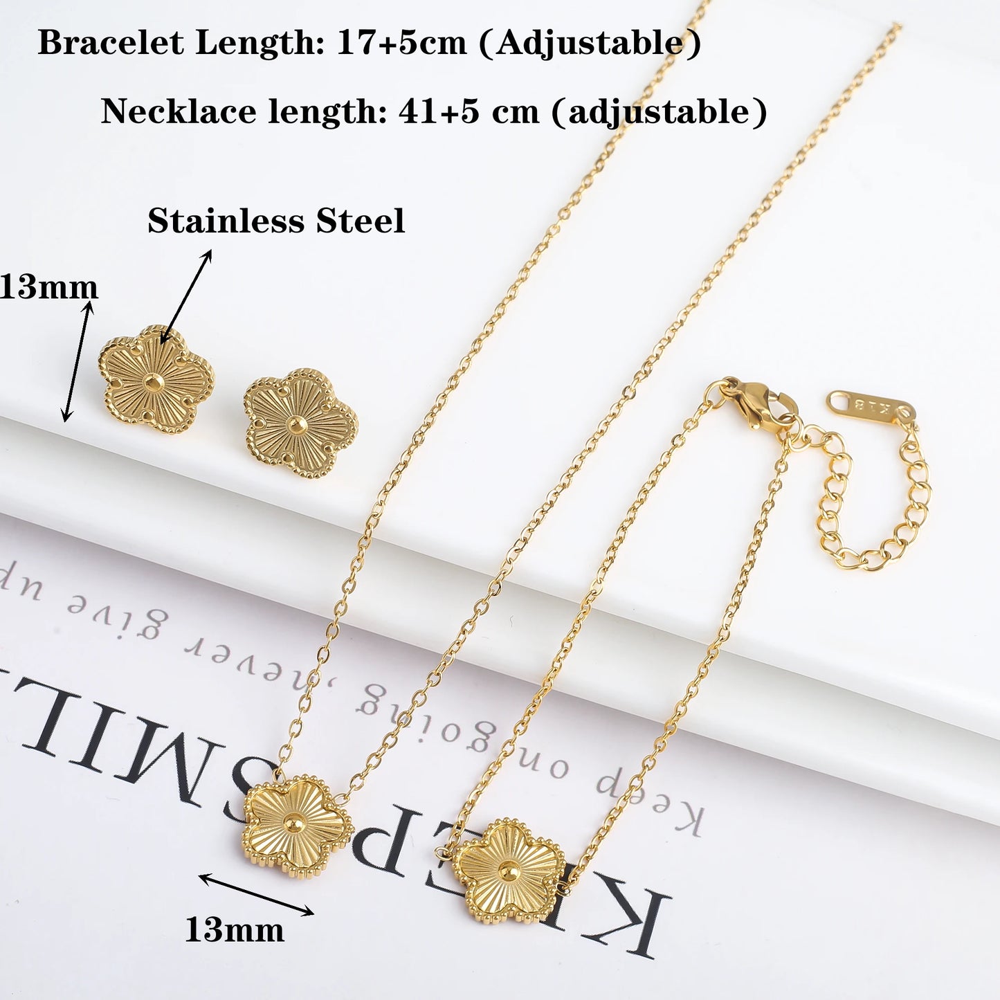 Metal Laser Five Leaf Flower Bracelet Necklace Earrings Jewelry Set Classic For Woman Stainless Steel Jewelry Daily Wear Clover
