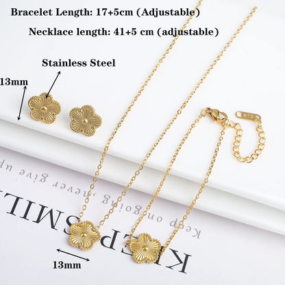Metal Laser Five Leaf Flower Bracelet Necklace Earrings Jewelry Set Classic For Woman Stainless Steel Jewelry Daily Wear Clover