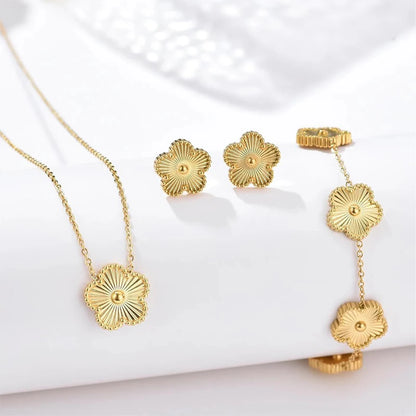 Metal Laser Five Leaf Flower Bracelet Necklace Earrings Jewelry Set Classic For Woman Stainless Steel Jewelry Daily Wear Clover