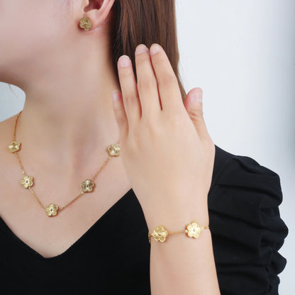 Metal Laser Five Leaf Flower Bracelet Necklace Earrings Jewelry Set Classic For Woman Stainless Steel Jewelry Daily Wear Clover