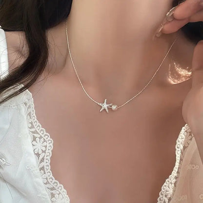 Simple Fashion Starfish Pendant Necklace for Women Girls Elegant Pearl Clavicle Choker Necklace Spring Summer Jewelry Wholesale