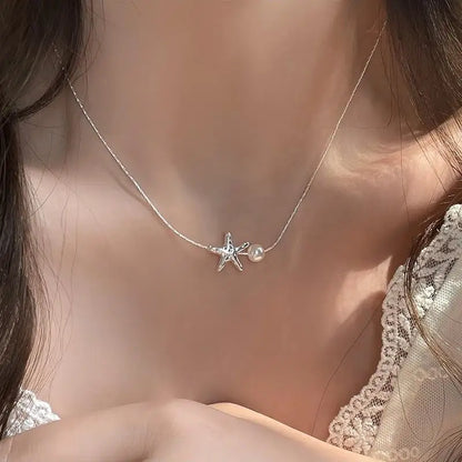 Simple Fashion Starfish Pendant Necklace for Women Girls Elegant Pearl Clavicle Choker Necklace Spring Summer Jewelry Wholesale