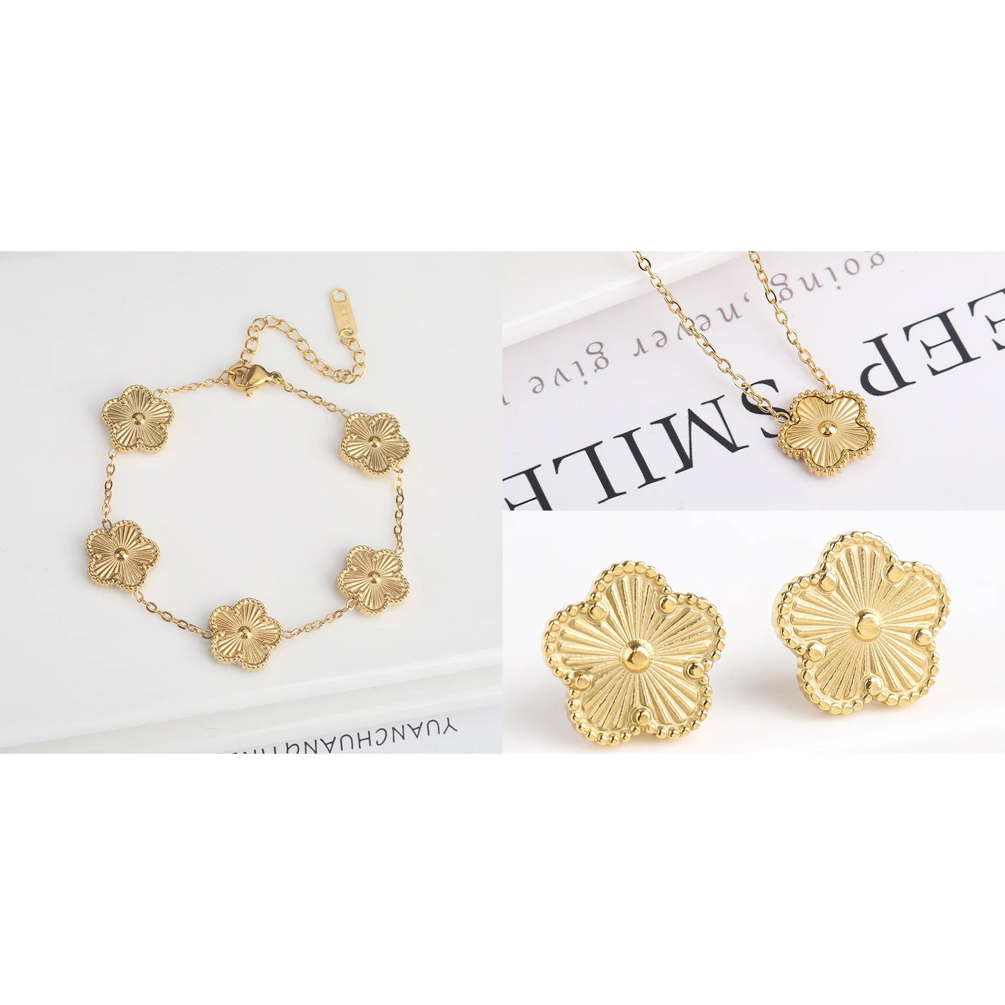 Metal Laser Five Leaf Flower Bracelet Necklace Earrings Jewelry Set Classic For Woman Stainless Steel Jewelry Daily Wear Clover