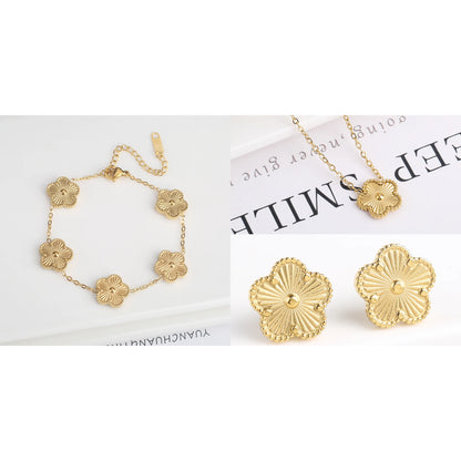 Metal Laser Five Leaf Flower Bracelet Necklace Earrings Jewelry Set Classic For Woman Stainless Steel Jewelry Daily Wear Clover