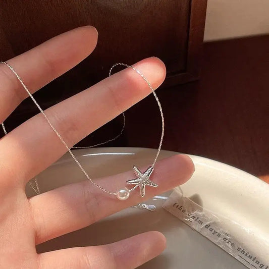 Simple Fashion Starfish Pendant Necklace for Women Girls Elegant Pearl Clavicle Choker Necklace Spring Summer Jewelry Wholesale
