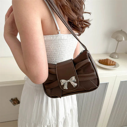 Sweet Bow Small Underarm Bag for Women Fashion PU Leather Ladies Portable Shoulder Bags Solid Color Female Clutch Handbags