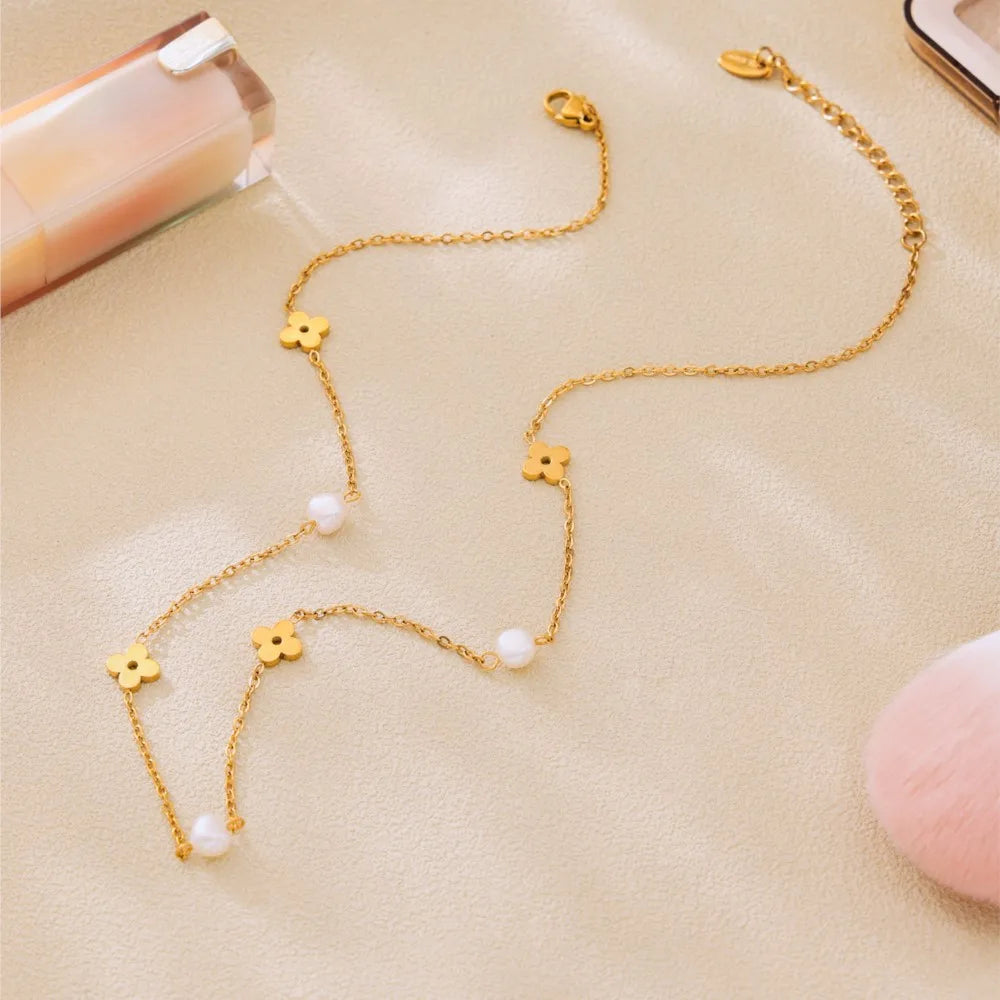 Sweet Flower Necklace Bracelet In Stainless Steel With Freshwater Pearl Neck Chains Choker Necklaces Bracelets Set For Women