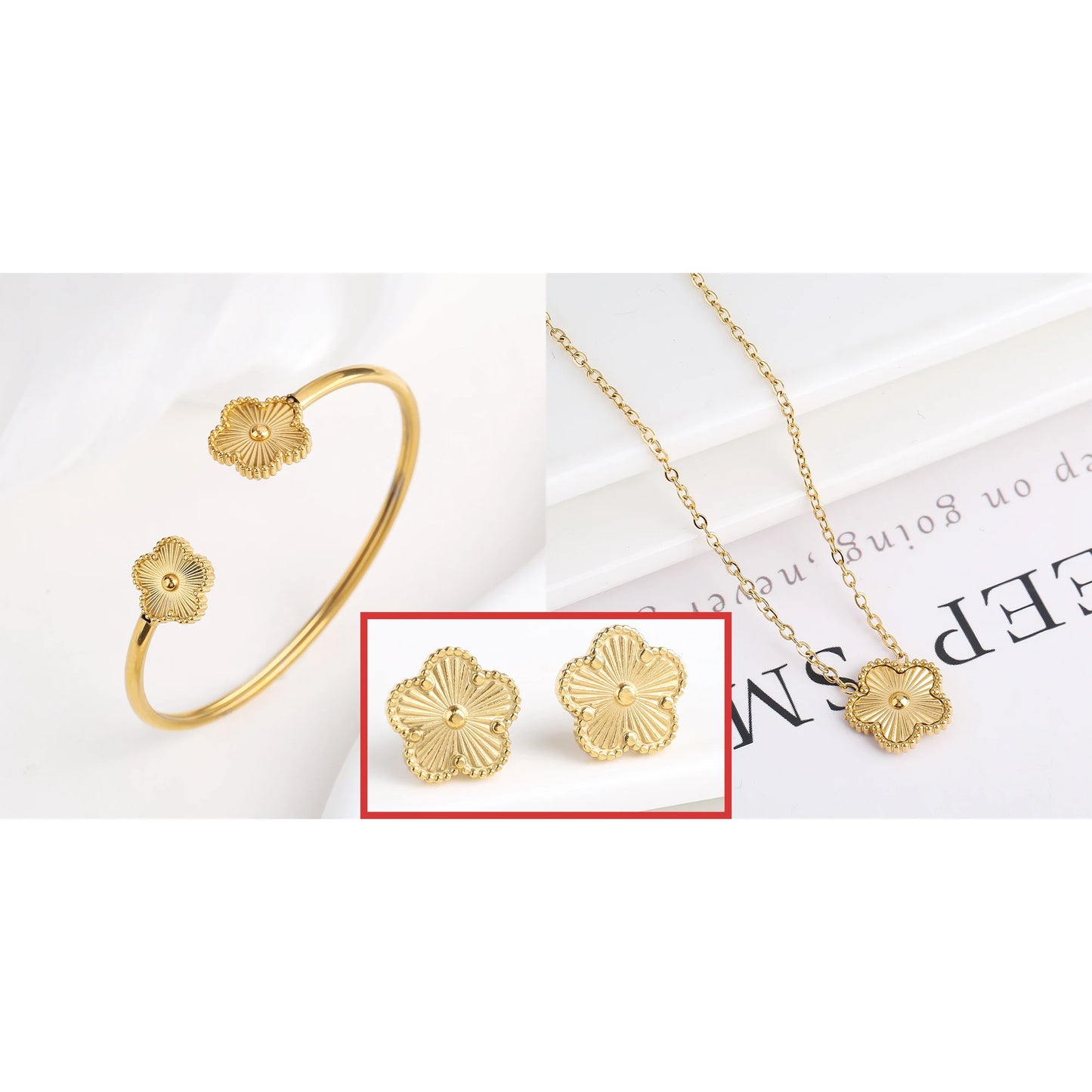Metal Laser Five Leaf Flower Bracelet Necklace Earrings Jewelry Set Classic For Woman Stainless Steel Jewelry Daily Wear Clover