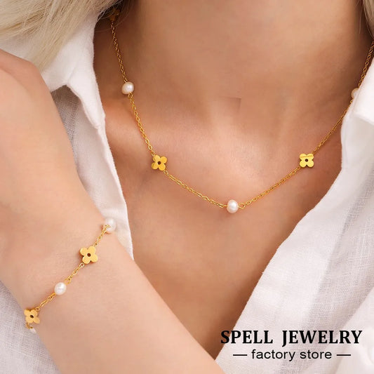 Sweet Flower Necklace Bracelet In Stainless Steel With Freshwater Pearl Neck Chains Choker Necklaces Bracelets Set For Women