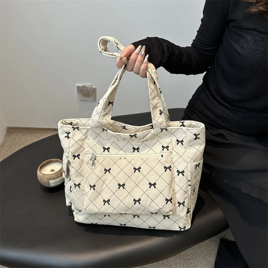 Bow Pattern Commuting Bag Corduroy Handbag Large Capacity Women Tote Bag Multi-pockets Fashion Shoulder Bag Casual Underarm Bags