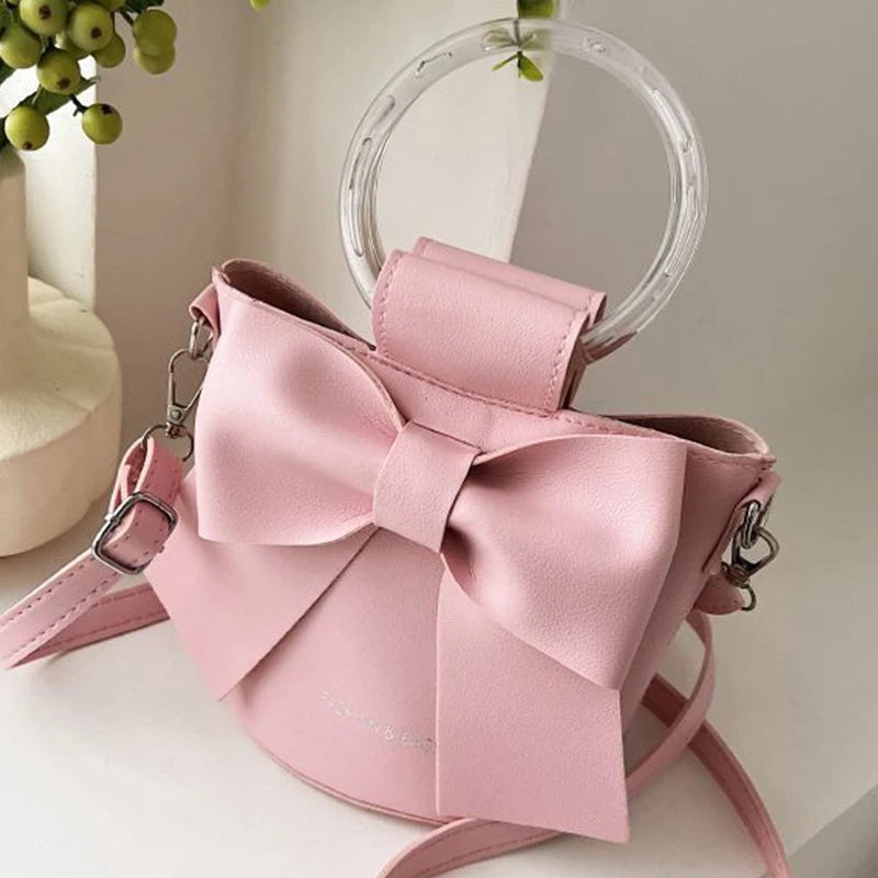 Women Bow Crossbody Bucket Bag, Small Round Barrel Shoulder Bag, Minimalist Purse, Elegant Handbag, Casual Chic Tote for Women