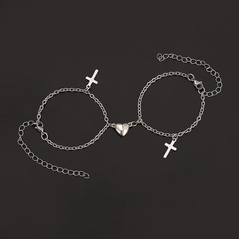 JWER Stainless Steel Fashion Romantic Heartbeat Magnetic Bracelet for Couples Personality Magnetic Love Chain Bracelet Jewelry